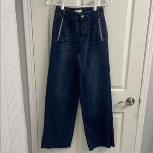 Oak New York High Waist Wide Leg Rhinestone Pocket Dark Wash Denim Jeans Sz 2/26